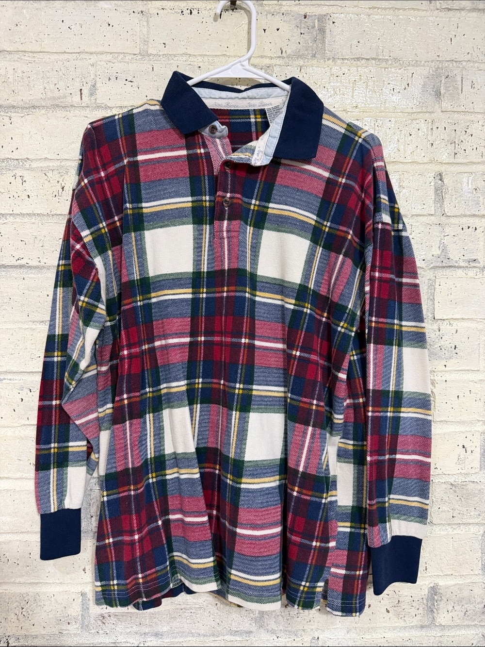 Source Unknown Multicolor Plaid Long-Sleeve Polo with Navy Collar